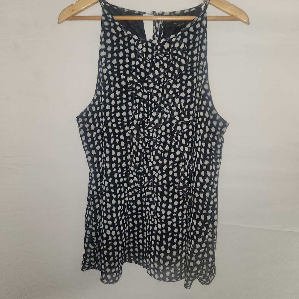 Ann Taylor Ruffle Front Tank, Women's 16, Dark Navy Blue, White, Tie Back
